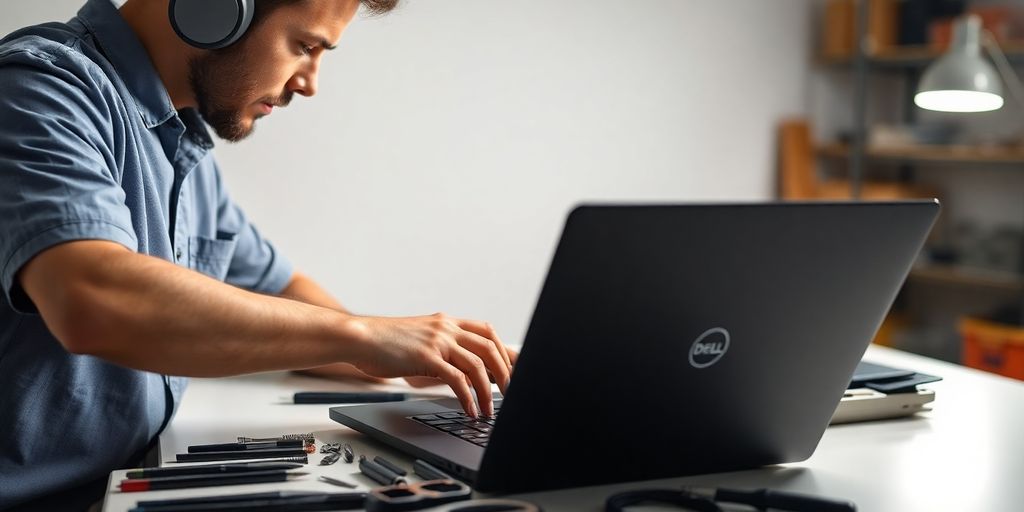 Technician repairing a Dell laptop in a workspace.