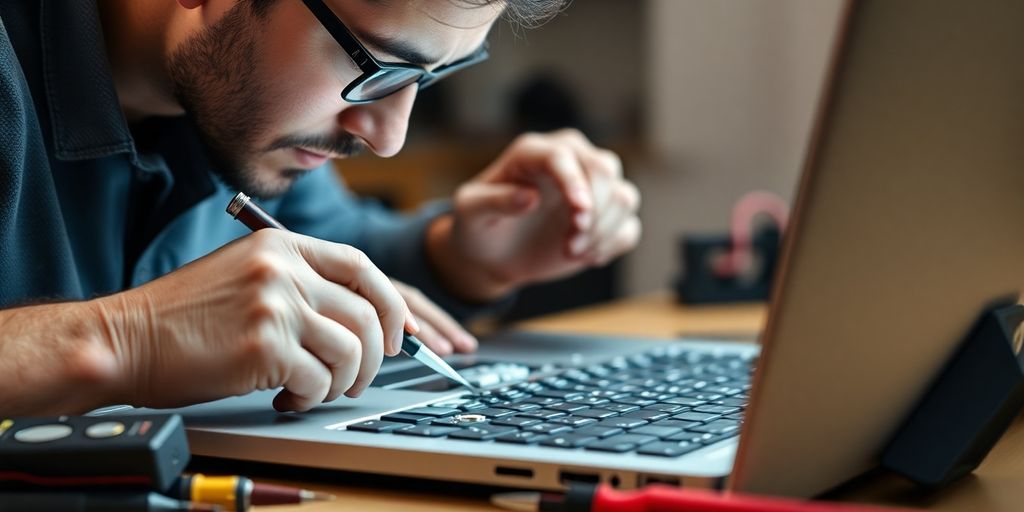 Technician repairing an Acer laptop on a workbench.