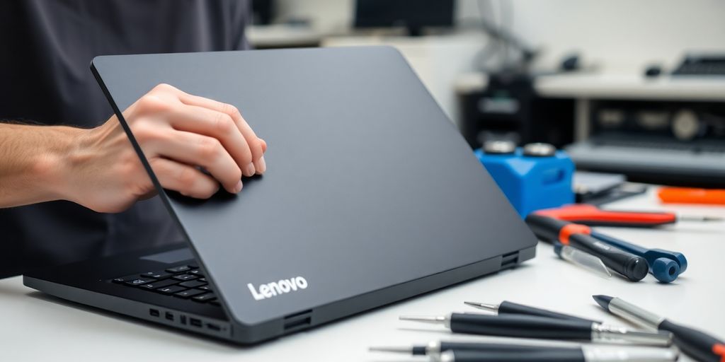 Technician repairing a Lenovo laptop in a clean workspace.